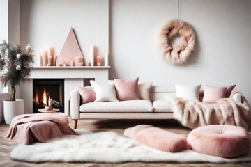 Cozy modern living room with beige calming fur surrounding by many calming light colors