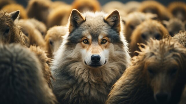 Close-up defocused image of a wolf among sheep