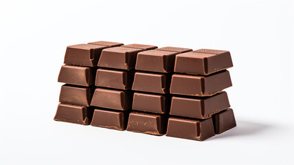 Close -up a chocolate bar isolated on white background. Broken chocolate pieces on white. A shot of porous milk chocolate.