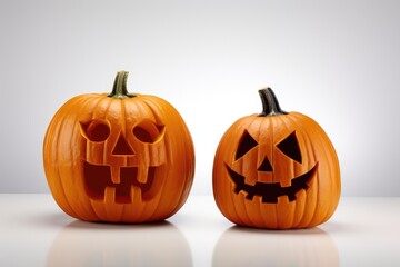 Two funny fngry Halloween pumpkin head jack lantern isolated on white background