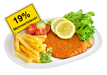 Schnitzel mit Pommes Frites und Deutsche Mehrwertsteuer MWST 19 % Hintergrund transparent PNG cut...