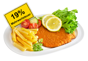 Schnitzel mit Pommes Frites und Deutsche Mehrwertsteuer MWST 19 % Hintergrund transparent PNG cut out