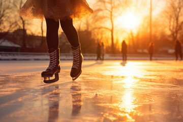 close-up partial view of woman in skirt in skates ice skating on rink - obrazy, fototapety, plakaty