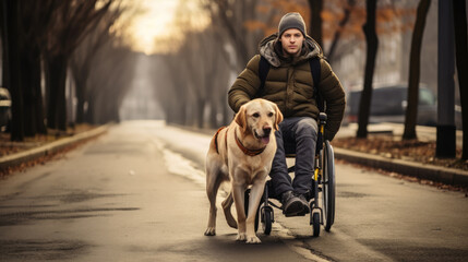 young man in a wheelchair is accompanied by his loyal service dog for a walk