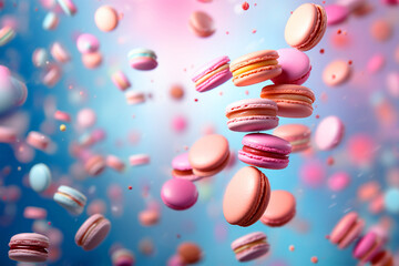 Many flying and falling macarons on pastel blue and pink background