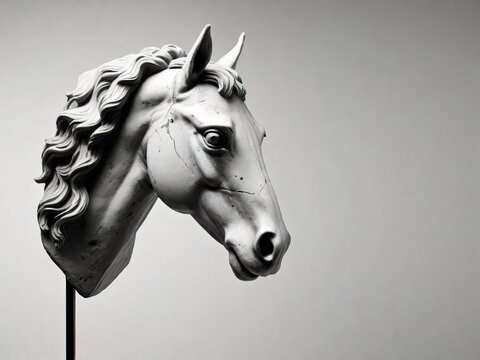 antique horse head statue on white background