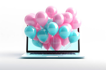 Laptop empty screen with color balloons rising high