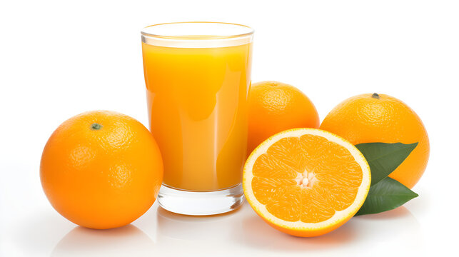 Orange juice and orange slices on white background