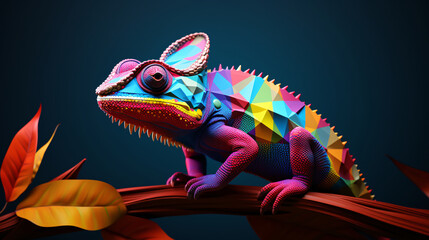 Full-body chameleon illustrations,frame within shot, colorful, aligned right, blue background. Generative ai
