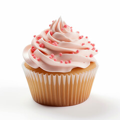 Cupcake with whipped pink cream isolated on white background. Delicious cupcake.