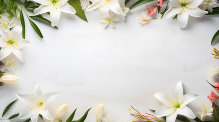 Top view wedding template, space for text on background surrounded by lily and jasmine flowers