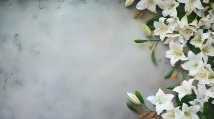 Top view wedding template, space for text on background surrounded by lily and jasmine flowers