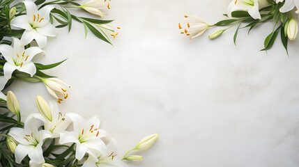 Top view wedding template, space for text on background surrounded by lily and jasmine flowers - obrazy, fototapety, plakaty