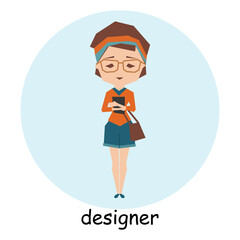 Woman designer, character, avatar, portrait. Profession illustration in flat cartoon style, vector