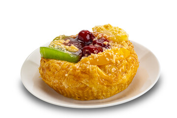 High angle view of delicious homemade mixed fruit danish in white ceramic dish isolated on white background with clipping path.