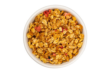 Top view of crunchy muesli in white ceramic bowl isolated on white background with clipping path.