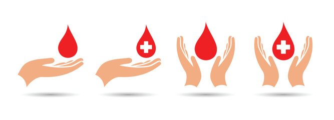  Hands holding blood droplet with cross sign, Give blood donation icon set, blood transfusion vector icon