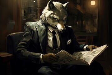 Wolf in suit and tie is sitting and reading a newspaper