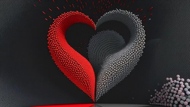 Abstract hearts with red and gray particles in dynamics on a dark background, illustrating passion and emotions