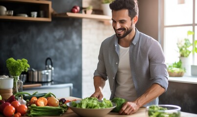 A man in a kitchen cutting vegetables on a cutting board