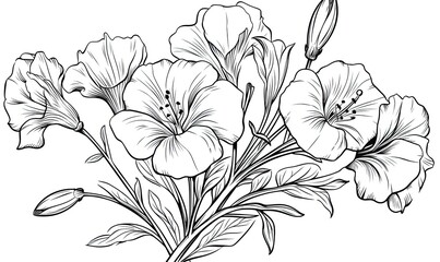 A line drawing of three flowers on a white background