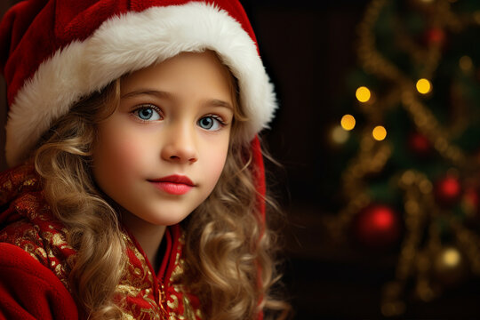 Generative AI picture of charming lovely girl in santa claus hat on blurred christmas light backdrop