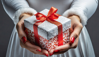 Kobiece dłonie trzymające prezent przewiązany kokardą. Motyw wręczania prezentów w okresie Bożego Narodzenia - obrazy, fototapety, plakaty