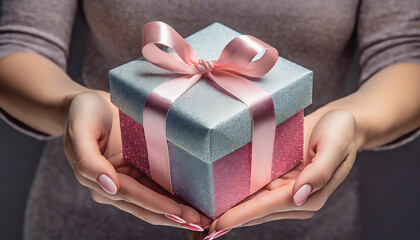 Kobiece dłonie trzymające prezent przewiązany kokardą. Motyw wręczania prezentów w okresie...