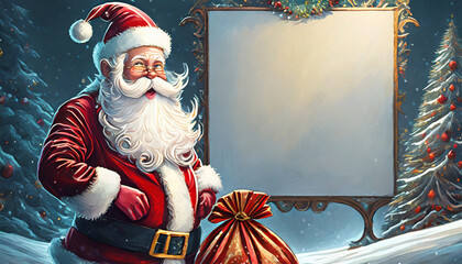 Święty Mikołaj z workiem prezentów w zimowej scenerii. Obok Mikołaja biała tablica z miejscem na tekst - obrazy, fototapety, plakaty