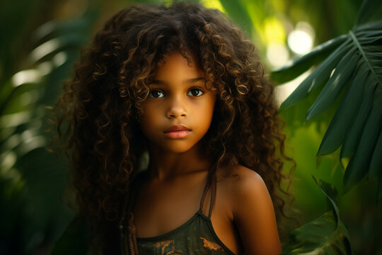 Generative AI photography of charming black skin girl on tropical island summer holidays