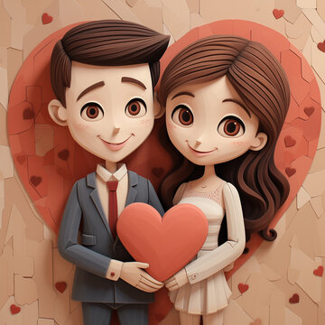 Cute cartoon couple in wedding dress and holding a heart..use for DP, profile picture. Valentine day. 3d wooden. Generative AI