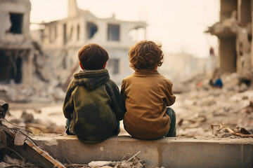 Image of an orphaned child in front of the ruins of town destroyed in the war generative ai - obrazy, fototapety, plakaty