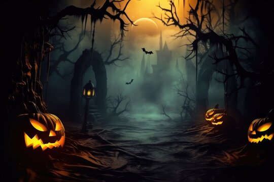 Evil halloween background pumpkin head the cemetery bats fly and candles burning