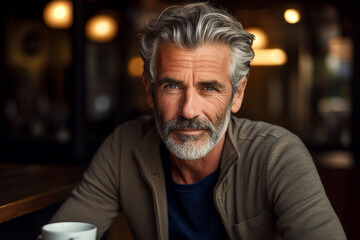 Obraz premium Generative AI portrait of confident city citizen person enjoying weekend time drinking coffee in modern cafe