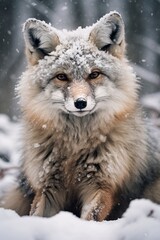 Fototapeta premium Close up of a fox covered in snow. It's winter and it's cold. Snowy background