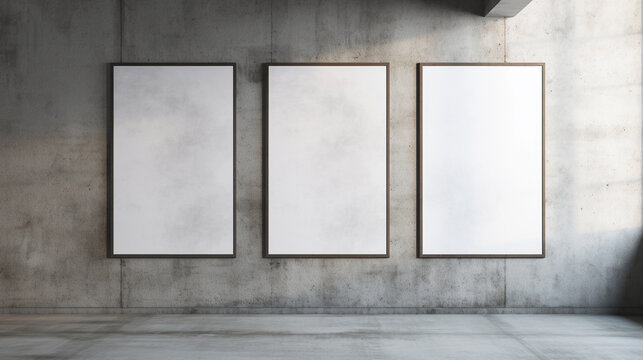 Three Posters on a Concrete Wall Mockup. Modern, gritty backdrop that's perfect for showcasing your artwork, designs, or promotional material in a cool and contemporary environment.