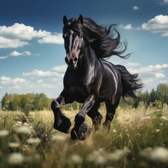 Black horse running in a meadow