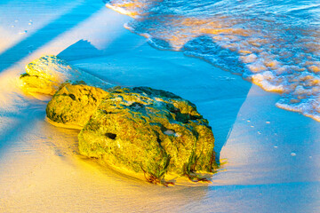 Stones rocks corals turquoise green blue water on beach Mexico.
