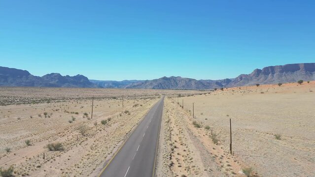 Empty tar road stretches into unique Richtersveld landscape toward distant, rugged mountains