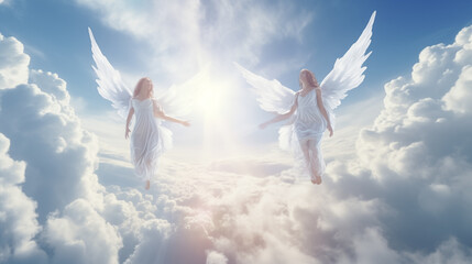 Angels fly in a heaven made of clouds.