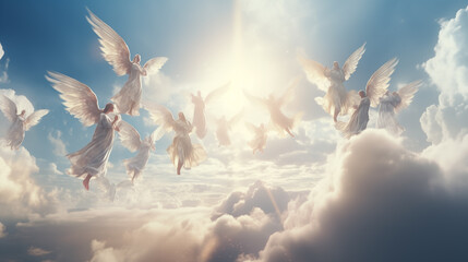 Angels fly in a heaven made of clouds.