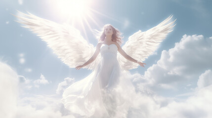Angels fly in a heaven made of clouds. - obrazy, fototapety, plakaty
