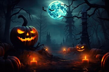 Fototapeta na wymiar Evil halloween background pumpkin head the cemetery bats fly and candles burning
