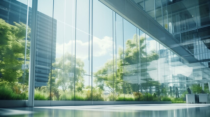 ESG glass interior building that looks out onto green space. Sustainability business Earth friendly...