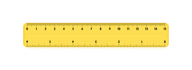 Yellow plastic ruler 15 centimeters. Measuring tool for work and learning. Ruler with double side measuring inches and centimeters. Vector illustration - obrazy, fototapety, plakaty
