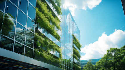 ESG glass building filled with green space Sustainability business Earth friendly Caring for and living with the environment