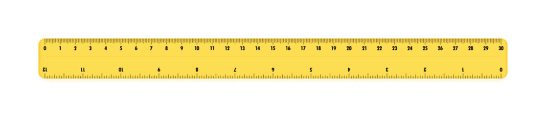 Yellow plastic ruler 30 centimeters. Measuring tool for work and learning. Ruler with double side measuring inches and centimeters. Vector illustration