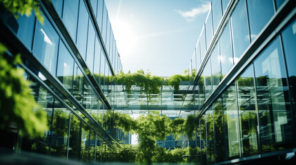 ESG glass building filled with green space Sustainability business Earth friendly Caring for and living with the environment