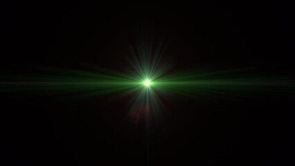 Center glow green star rays lights optical lens flares shine long arm animation art on black abstract background.Isolate Alpha Channel proress 444