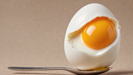 A close-up of a soft poached egg resting on a silver spoon, its white exterior immaculate and yolk vividly orange, poised to burst with just a touch, against a neutral background. - obrazy, fototapety, plakaty